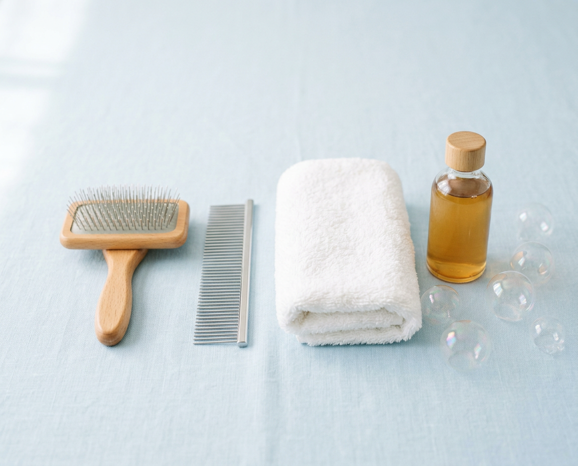 Bürste, Kamm, Handtuch und Shampoo für die Hundepflege auf hellblauem Untergrund